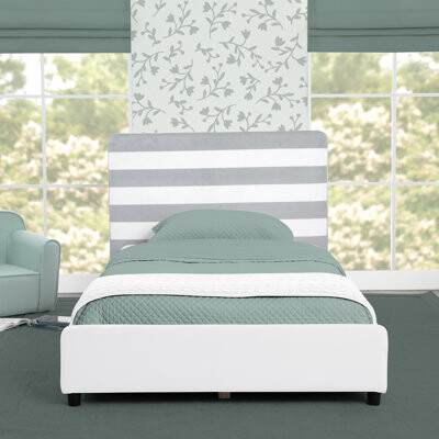 Delta Children Upholstered Twin Size Bed With Headboard, Premium Wood Slat Support, No Box Spring Needed, Easy Assembly, Grey/White Stripe