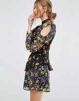 Thumbnail for your product : ASOS Mixed Print Mini Dress with Cold Shoulder and Frill