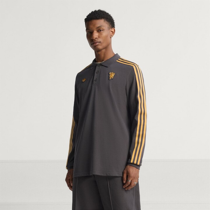 adidas Manchester United Terrace Icons Long Sleeve Polo Shirt Utility Black XS Mens