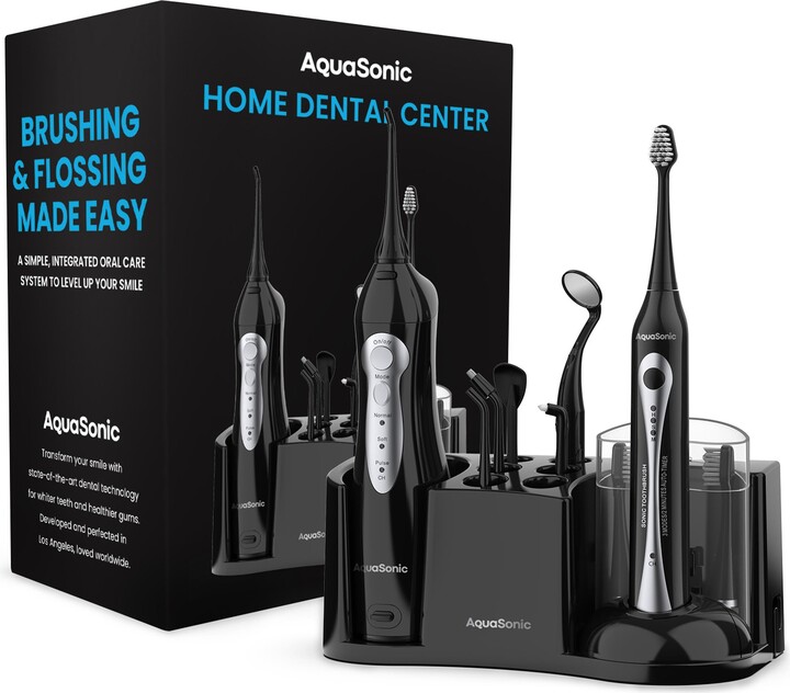 AQUASONIC Home Dental Center Rechargeable Power Toothbrush & Smart Water Flosser Set