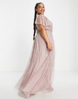 ASOS Curve ASOS DESIGN Curve Bridesmaid pearl embellished flutter sleeve maxi dress with floral embroidery in rose