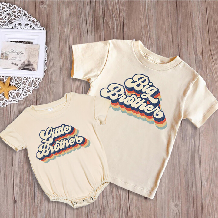 MENISCOUNTER Big Bro Little Bro Printed Family Matching Outfit Shirt Retro Sibling Tee Tops Brother Sister T-shirt Baby Large Bubble Romper