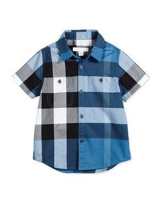 Burberry Short-Sleeve Mini Camber Check Shirt, Blue, Size 4-14