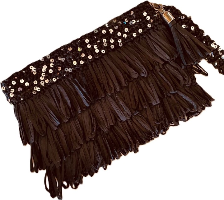 Springmoonatelier Luxury Star Black Sequin And Tassel Handmade Raffia Handbag