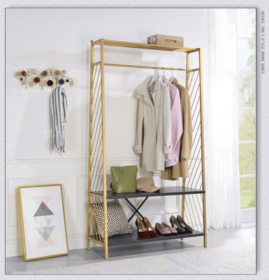 Stylish Pahor Gold & Black Hall Tree with 2 Tier Shelves and Hanging Rail for Modern Entryways