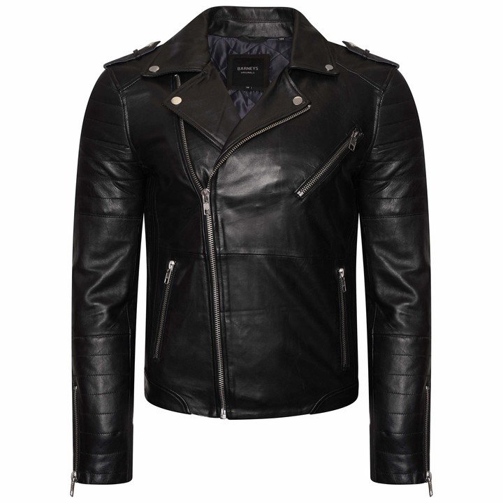 Barneys Originals Mens Real Leather Biker Jacket With Quilted Ribbed ...