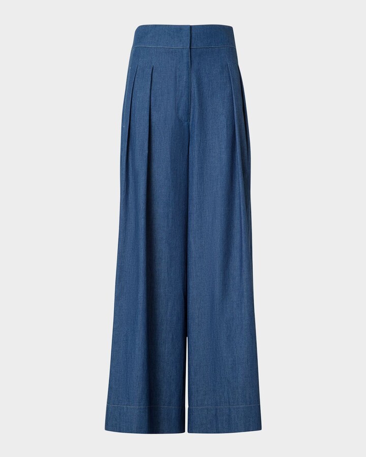 Akris Punto Federica Pleated Wide-Leg Cotton Denim Pants