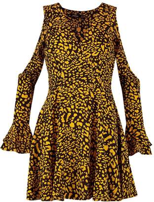 boohoo Woven Leopard Cold Shoulder Frill Skater Dress
