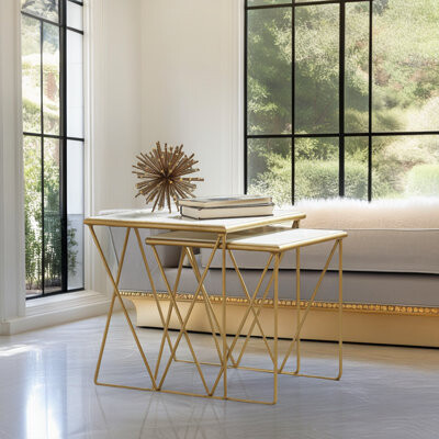 Everly Quinn White & Gold Marble Nesting Tables - Luxe 2-Piece Set with Sled Base