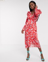 Thumbnail for your product : NEVER FULLY DRESSED wrap midi dress with puff sleeve detail in red palm print