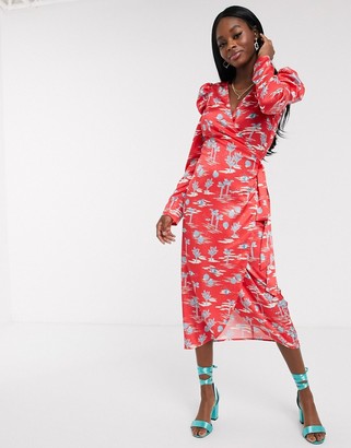 NEVER FULLY DRESSED wrap midi dress with puff sleeve detail in red palm print