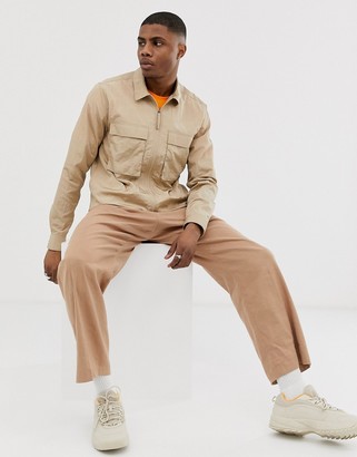 ASOS DESIGN zip through overshirt in sand with utility pockets