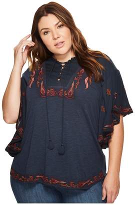 Lucky Brand Plus Size Lace-Up Embroidered Peasant Top