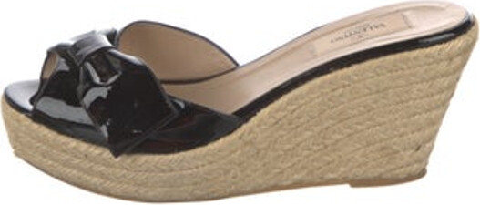 Valentino Patent Leather Espadrilles Black Bow Accents Platform Includes Box & Dust Bag