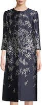 Thumbnail for your product : Oscar de la Renta Button-Front 3/4-Sleeve Metallic-Coral Embroidered Mid-Length Coat