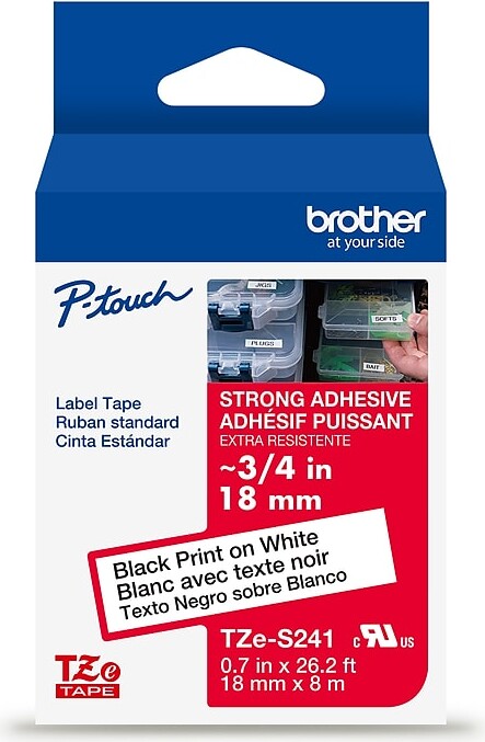 Brother P-touch Strong Adhesive Laminated Label Tape, 3/4" x 26.2', Black on White (TZES241)