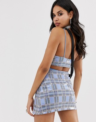 Motel mini skirt with slit in sequin check two-piece