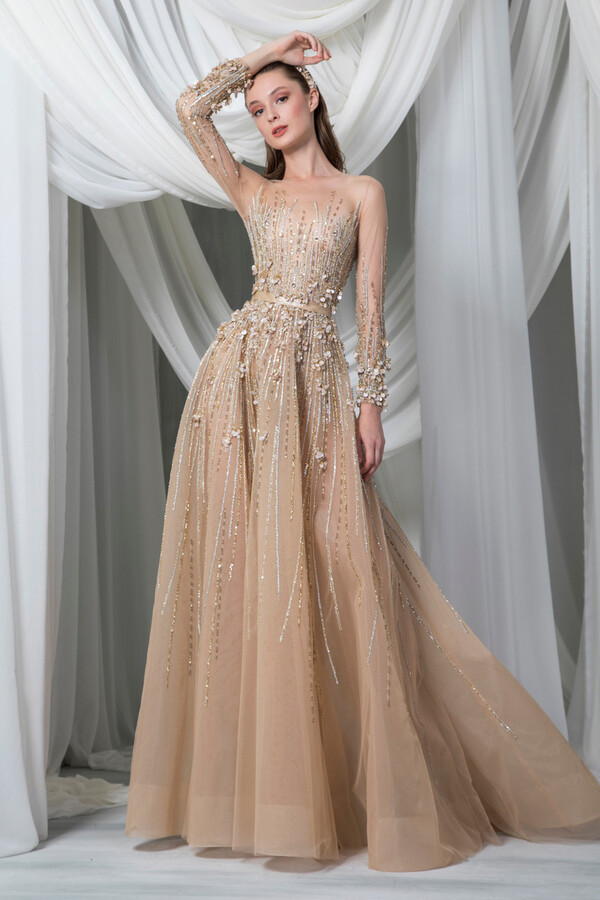 GOLD BEADED LONG SLEEVE OPEN BACK GOWN
