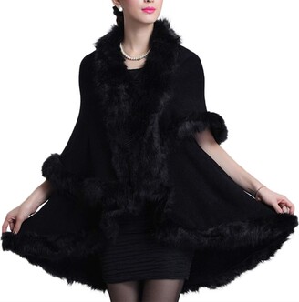 CURT SHARIAH Women’s Fine Knit Cardigan Faux Fur Trim Layers Open Front Poncho Cape Coat Shawl Wrap Black