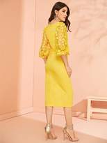 Thumbnail for your product : Shein Applique Embroidered Mesh Sleeve Obi Belted Pencil Dress
