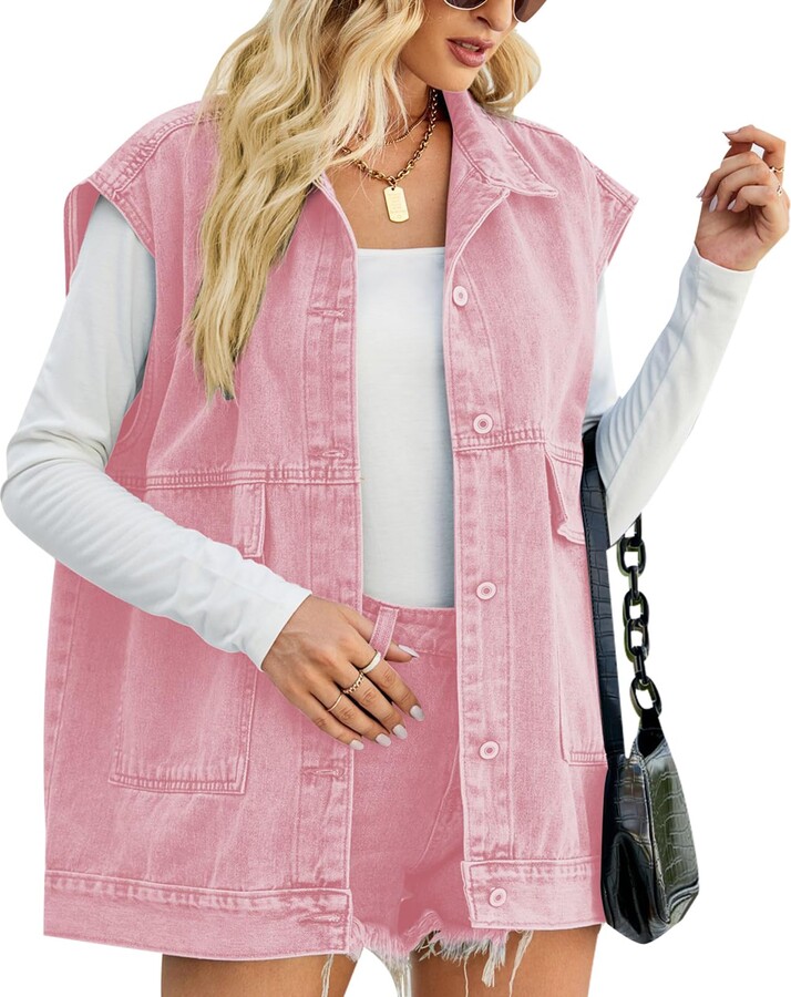 MINTLIMIT Denim Waistcoat Button Down Shacket Jacket Mid Long Sleeveless Jean  Vest Casual Outerwear(Pink - ShopStyle