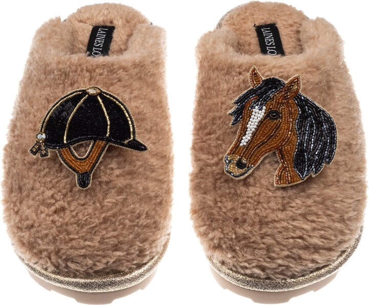 Laines London Brown / Neutrals Teddy Closed Toe Slippers With Horse & Riding Hat Brooches - Toffee