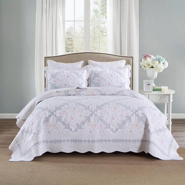MarCielo TC133 White Christmas Tree Embroidery King Size 100% Cotton Oversized Bedspread Set Coverlet Set Lightweight Quilt Set