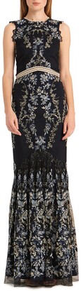 ML Monique Lhuillier Open-Back Floral Embroidered Mesh Gown with Ruffled Bottom