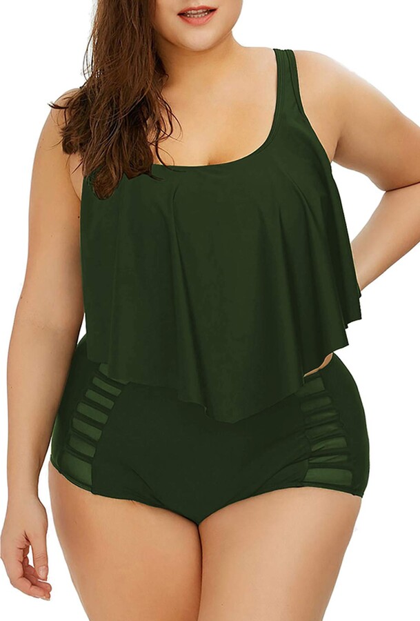 Pink Wind Ruffle Swimsuits for Women Flounce Top with High Waisted Bottom  Plus Size Bathing Suit Army Green XL - ShopStyle Swimwear