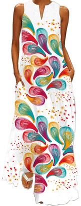 Boan Women's Maxi Dress Long Tunic Dress Bohemian Printed V-Neck Sleeveless Casual Loose Comfortable Summer Beach Dress Plus Size - Multicolour - UK 10.5