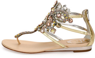 Rene Caovilla Jewel-Embellished Flat Thong Sandal, Platinum/Rose Gold