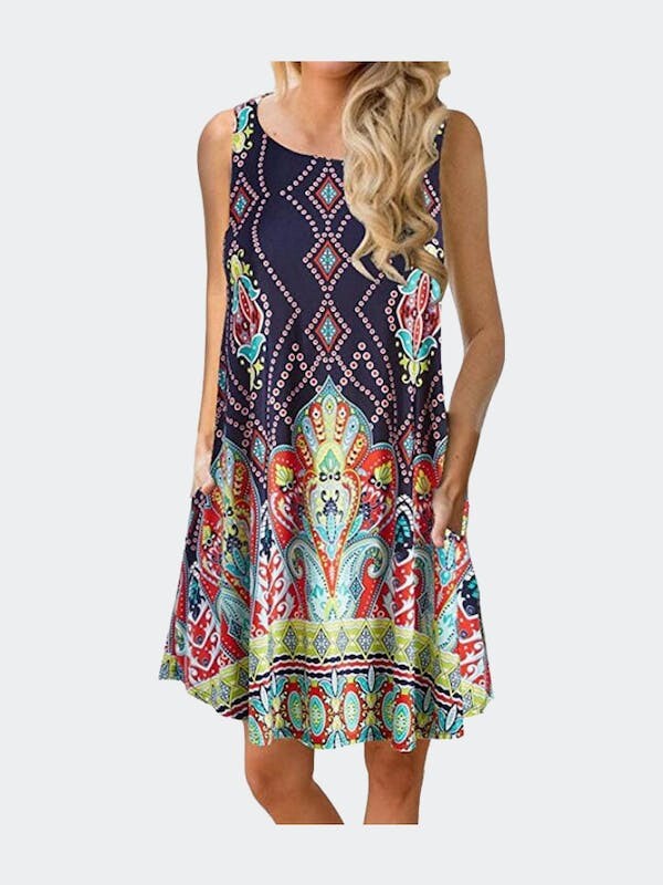 FEDULK Womens Plus Size Dress Sun Moon Star Print Sleeveless Summer Beach Sundress Casual Sling Dress 
