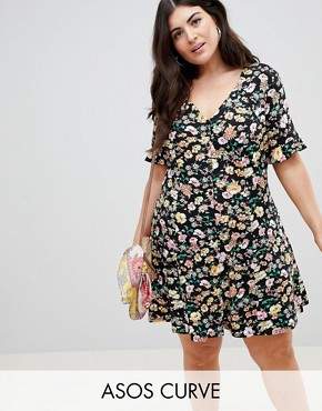ASOS Curve DESIGN Curve button through tea dress with frill sleeve in summer floral print