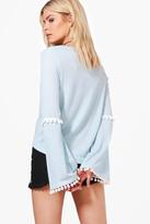Thumbnail for your product : boohoo Erin Pom Trim Flare Sleeve Top