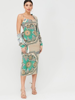 Missguided MissguidedScarf Print Ruched Cup Midi Dress - Green