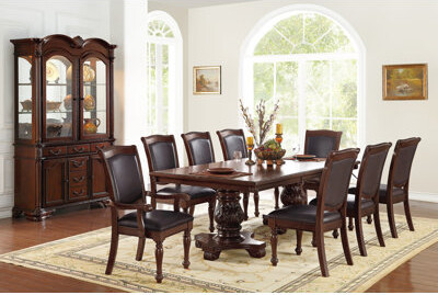 Bloomsbury Market Royal Dining Room Table W Leaf 2X Arm Chairs And 6X Side Chairs 9Pc Set Rubberwood Dining Table Double Pedestal Base Rectangle Table