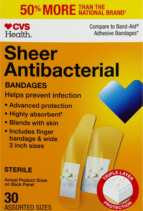 CVS Sheer Antibacterial Bandages, Assorted Sizes, 30 CT