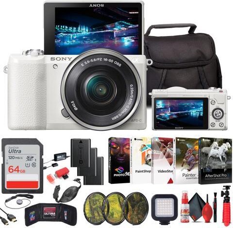 Sony Alpha a5100 Mirrorless Digital Camera (White) with 16-50mm Lens + 64GB Card + More