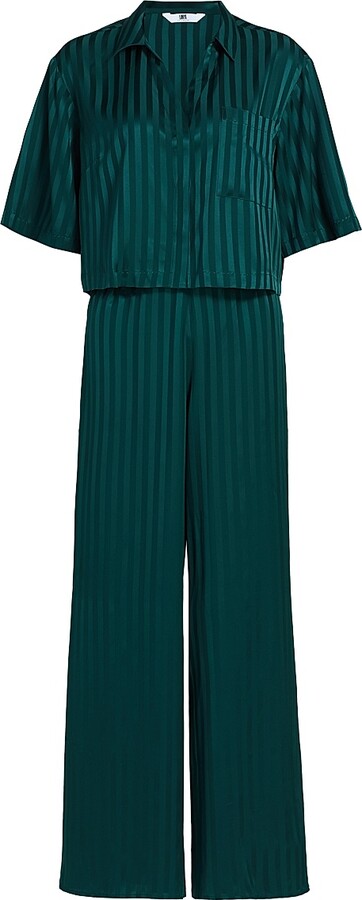 Lunya Women's Washable Silk Striped Jacquard High-Rise Pajamas - Dusky Cypress Jacquard - Size Small