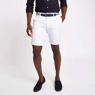 River Island Mens White belt detail slim fit shorts