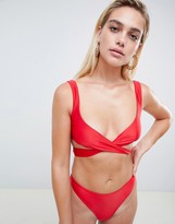 Thumbnail for your product : And Co Exclusive shiny wrap front crop bikini top in red