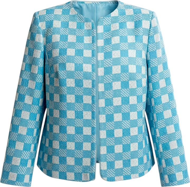 Stovaria Gold / Blue / White Blue Check Cotton Jacket With Gold Zari Embroidery - Open Front Statement Jacket