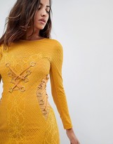 Thumbnail for your product : Asos Design ASOS Mustard Lace Long Sleeve Mini Dress With Ring Detail