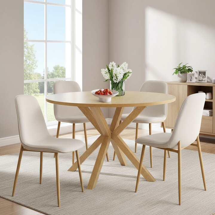 Compact 5-Piece Dining Set with 39.5 Inch Round Table and 4 Chairs, Natural Wood Look for Small Kitchens or Apartments-Maison Boucle