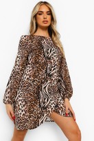 Thumbnail for your product : boohoo Mixed Animal Balloon Sleeve Wrap Front Shift Dress