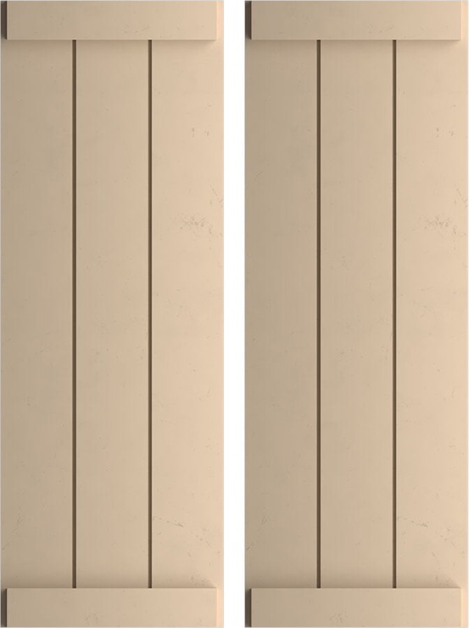 Ekena Millwork 16 1/2"W x 76"H Rustic Three Board Joined Board-n-Batten Smooth Faux Wood Shutters w/End Batten (Per Pair), Primed Tan