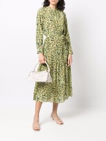 Thumbnail for your product : Saloni Leaf-Print Belted Silk Midi Dress