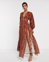 Thumbnail for your product : ASOS DESIGN snake print maxi dress in self stripe and blouson sleeve
