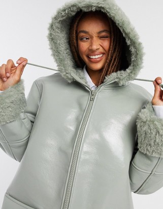 ASOS DESIGN Leather look parka with borg lining in sage