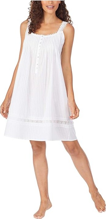 Eileen West Cotton Dobby Stripe Woven Sleeveless Short Nightgown Women's Clothing White : MD, Cotton/Lace